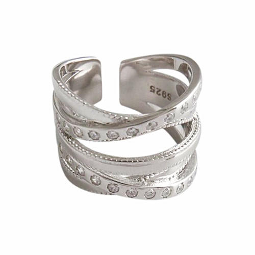 Big fashion silver jewellery open design multi lines zircon finger rings wholesale